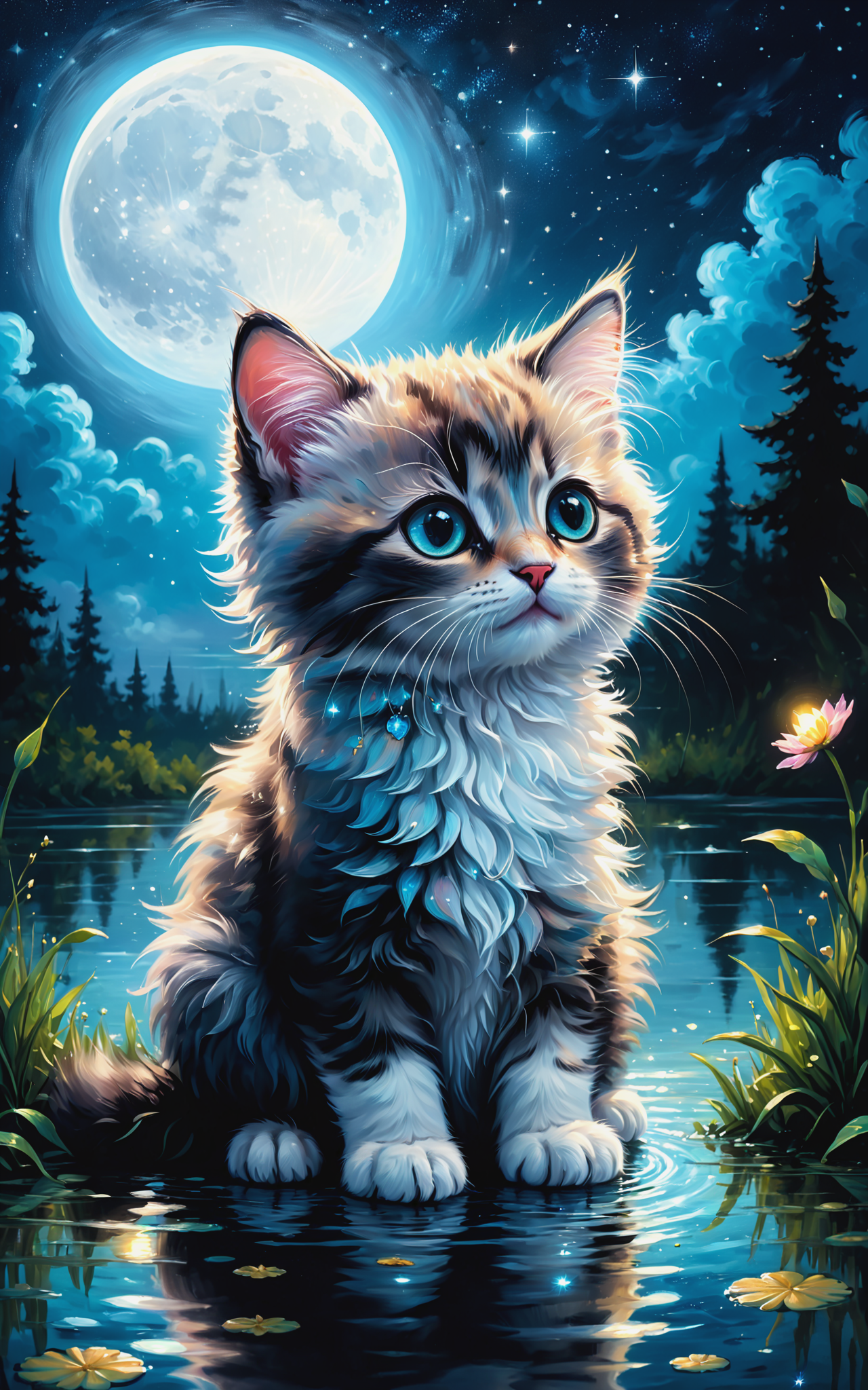 09642-1098118356-Ultra detailed illustration of a cute fluffy kitten sitting in a clearing flooded with moonlight, starry sky, moon lost in a mag.png